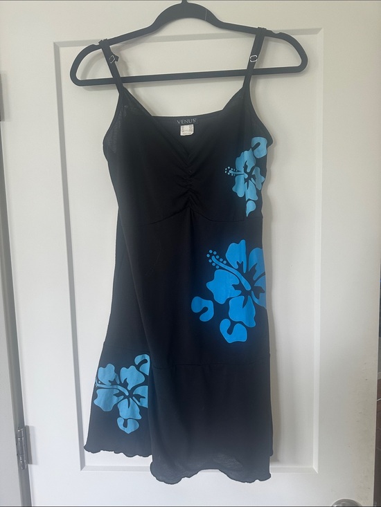 VENUS Dresses & Skirts - VENUS Black Slip Dress with Bright Blue Floral Accents